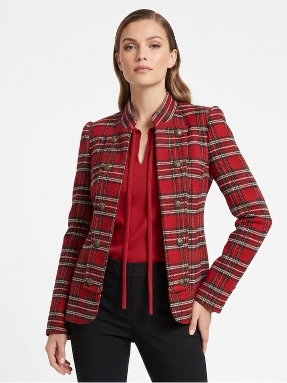 TOMMY HILFIGER 2p Red Tartan Plaid Military Band Jacket & Top S Small EUC $175